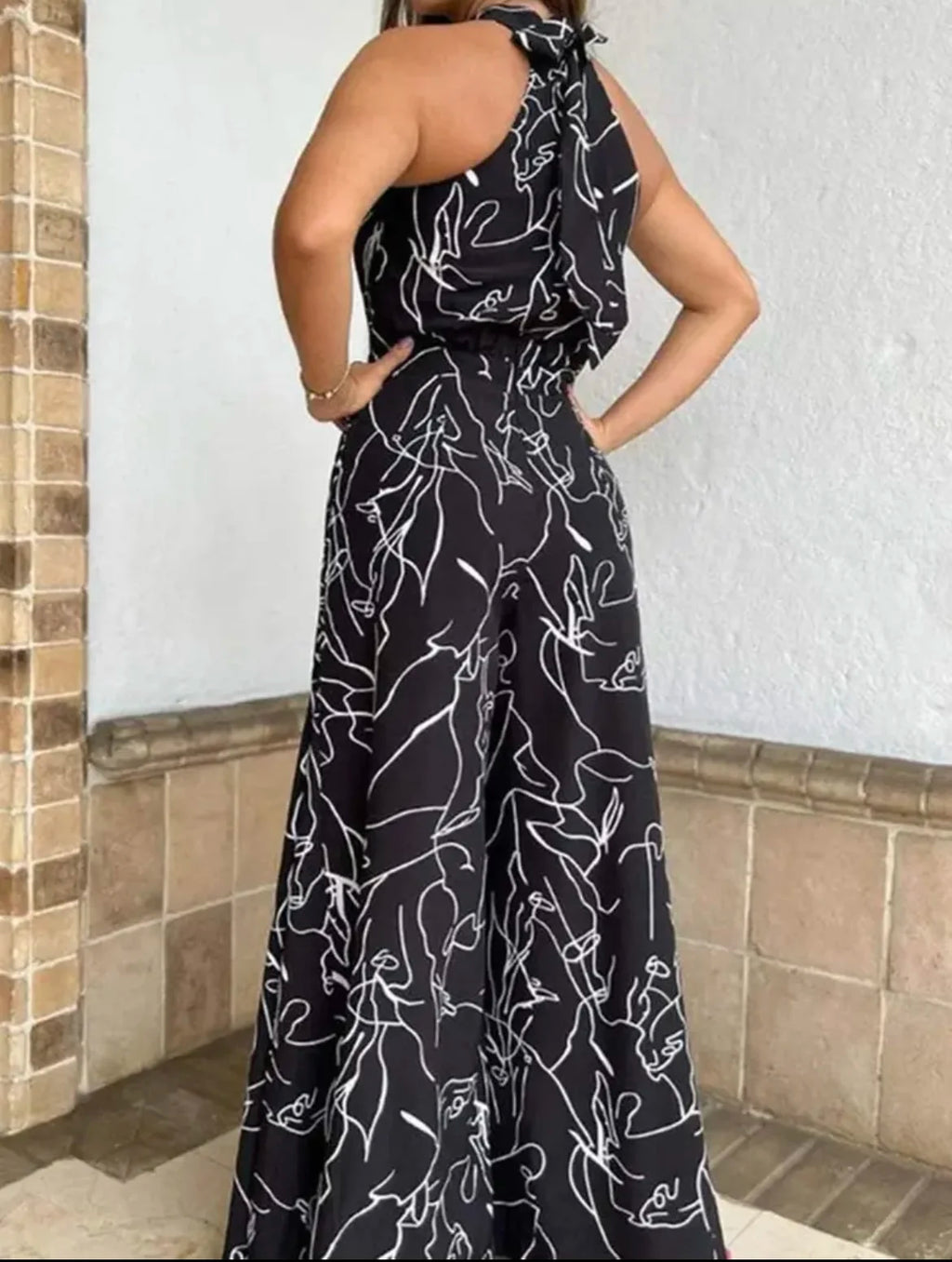 Summer Women's Elegant Waist Halter Jumpsuit Tie Sleeveless Wide Leg Long Pant Bodycon Abstract Print Streetwear Romper Mujer