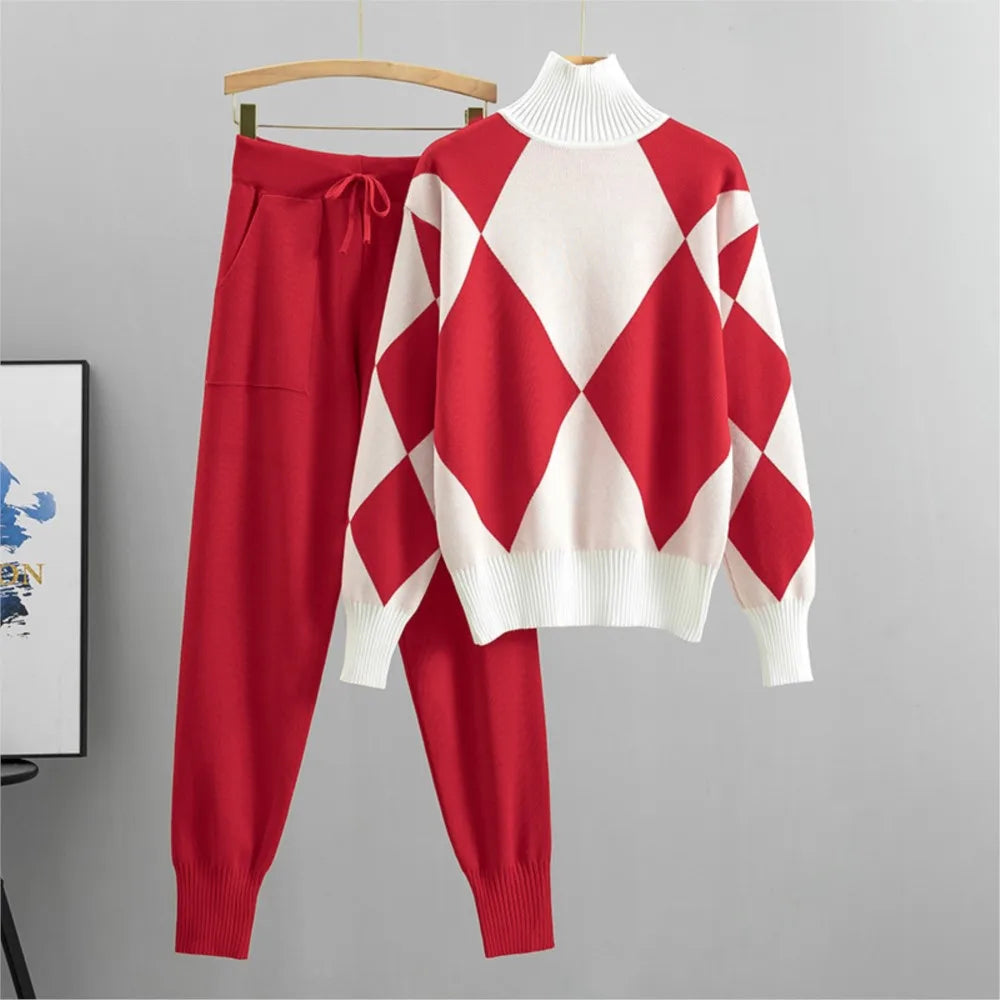 Women's Fashion Knitted Checkered Turtleneck Sweater 2 Piece Autum Winter Casual Lace Up Pocket Knitted Pants Sports Female Suit