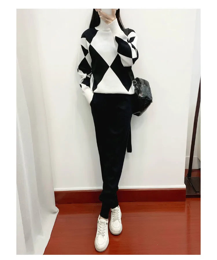 Women's Fashion Knitted Checkered Turtleneck Sweater 2 Piece Autum Winter Casual Lace Up Pocket Knitted Pants Sports Female Suit