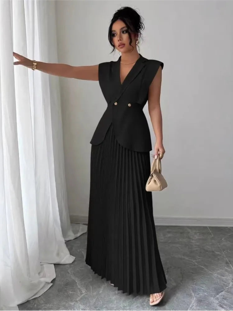 Elegant Women Solid Skirt Two Piece Sets Summer Fashion V-neck Vest Top + Pleated Skirts Temperament Simple Office Lady 2pcs Set