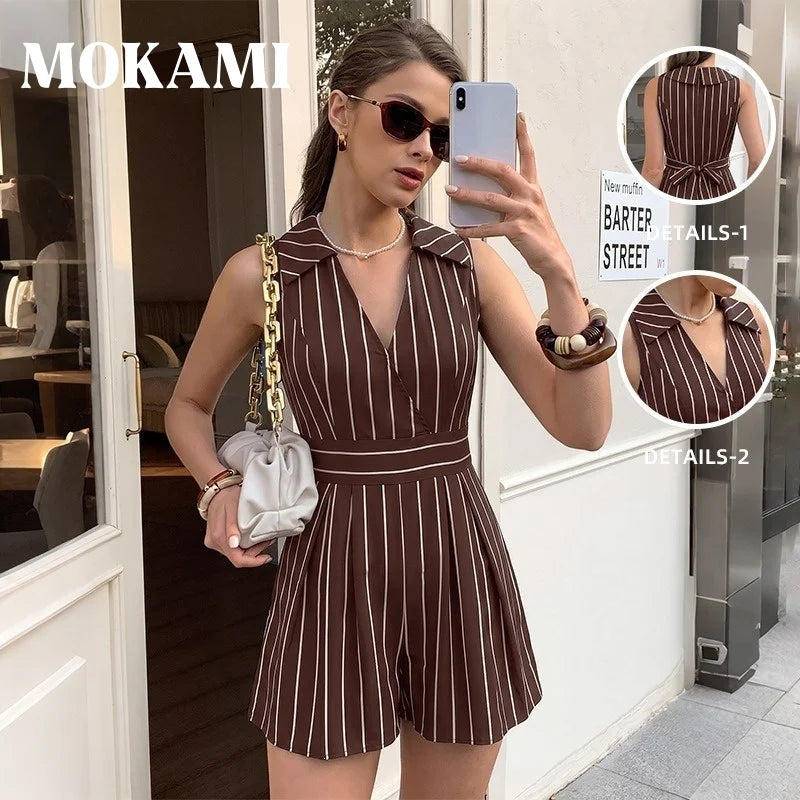 2026 Summer Women Striped Sleeveless V Neck Jumpsuits Elegant Mature Style Casual Short Jumpsuit Ladies One Piece Shorts Outfit