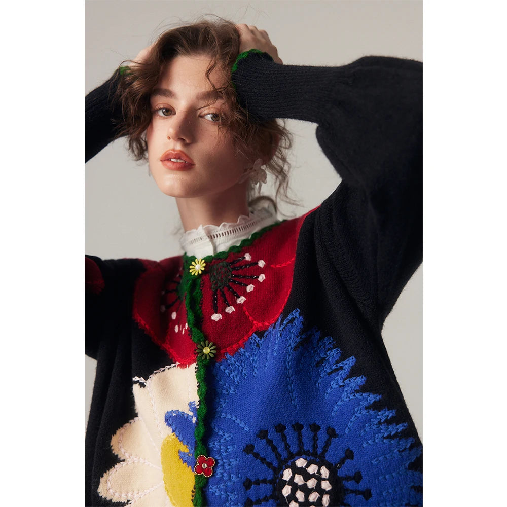 Vintage Flower Embroidery Knitted Top High Quality Women Fashion Cardigan Fashion Trends Autumn/Winter New in Chic Sweater Coat
