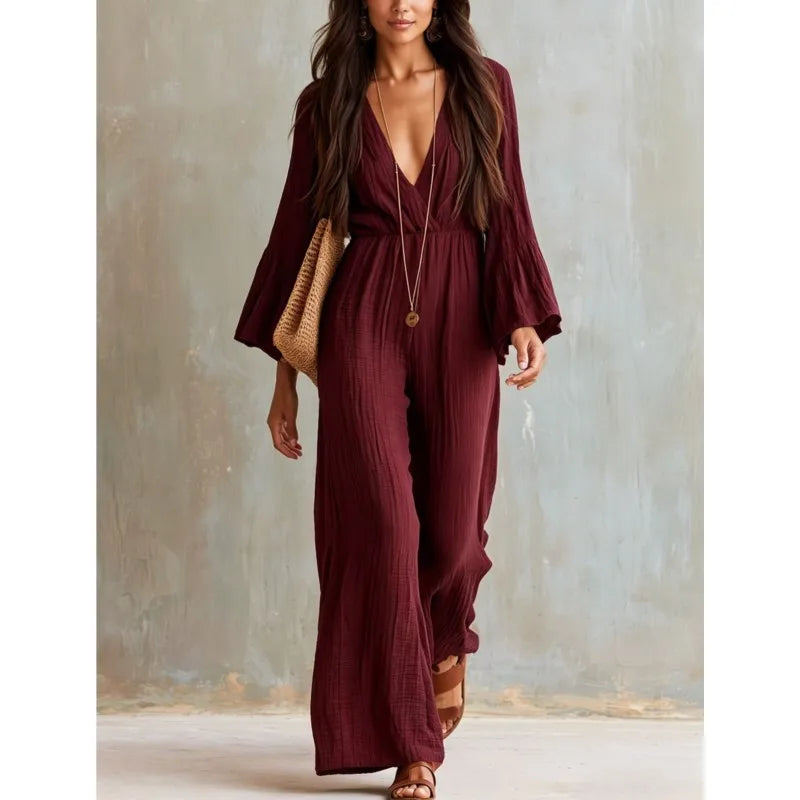 Elegant Solid Color Women's High Waisted Jumpsuit Bohemian Spring Autumn Fashion V-neck Wide Leg Jumpsuits Lady Office Clothing