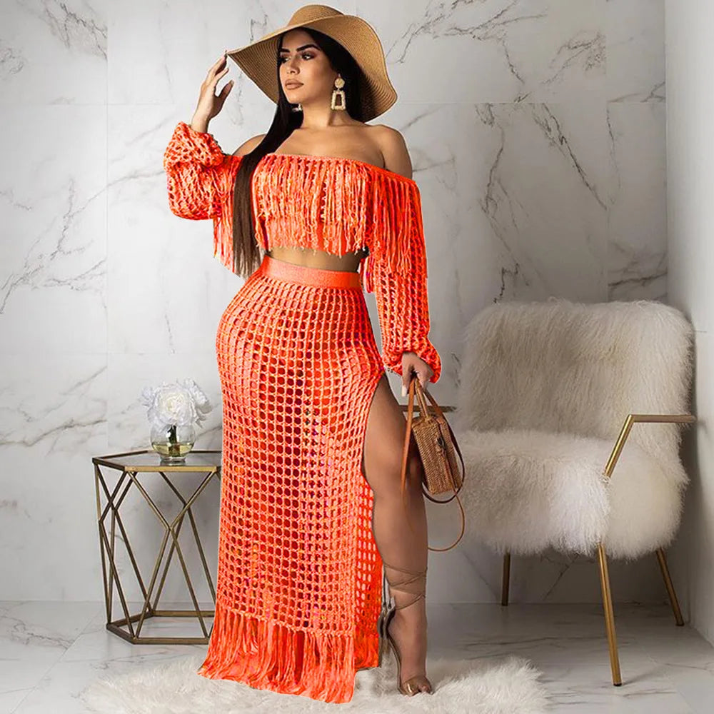 Skirt 2 Piece Set Women Beach Long Skirts Suit Top Off Shoulder Tassels Sexy Hollow Out Ensemble 2026 Summer Female Outfits
