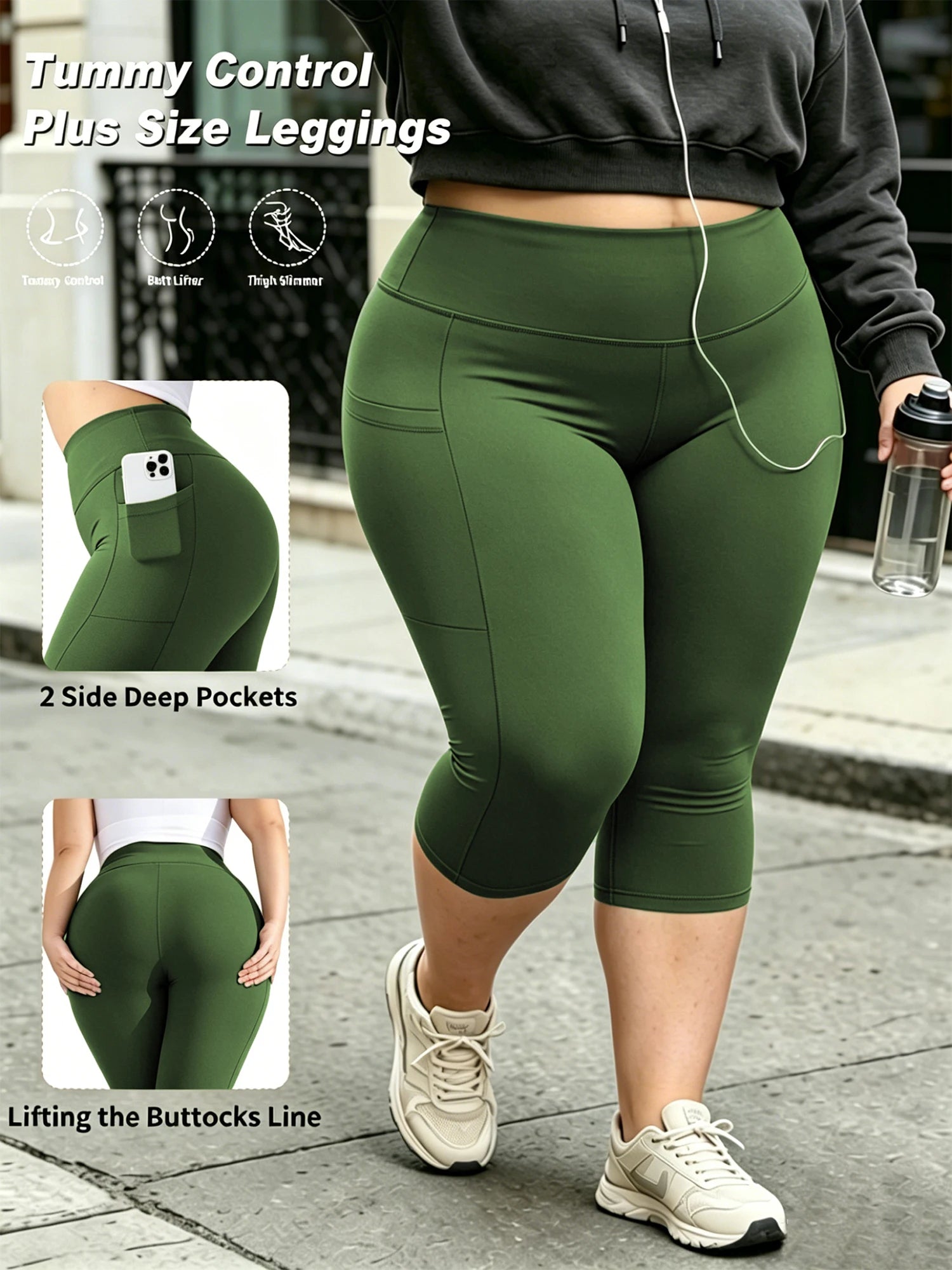 Capri Plus Size Leggings for Women with Pockets-Stretchy  Tummy Control High Waist Workout Black Yoga Pants