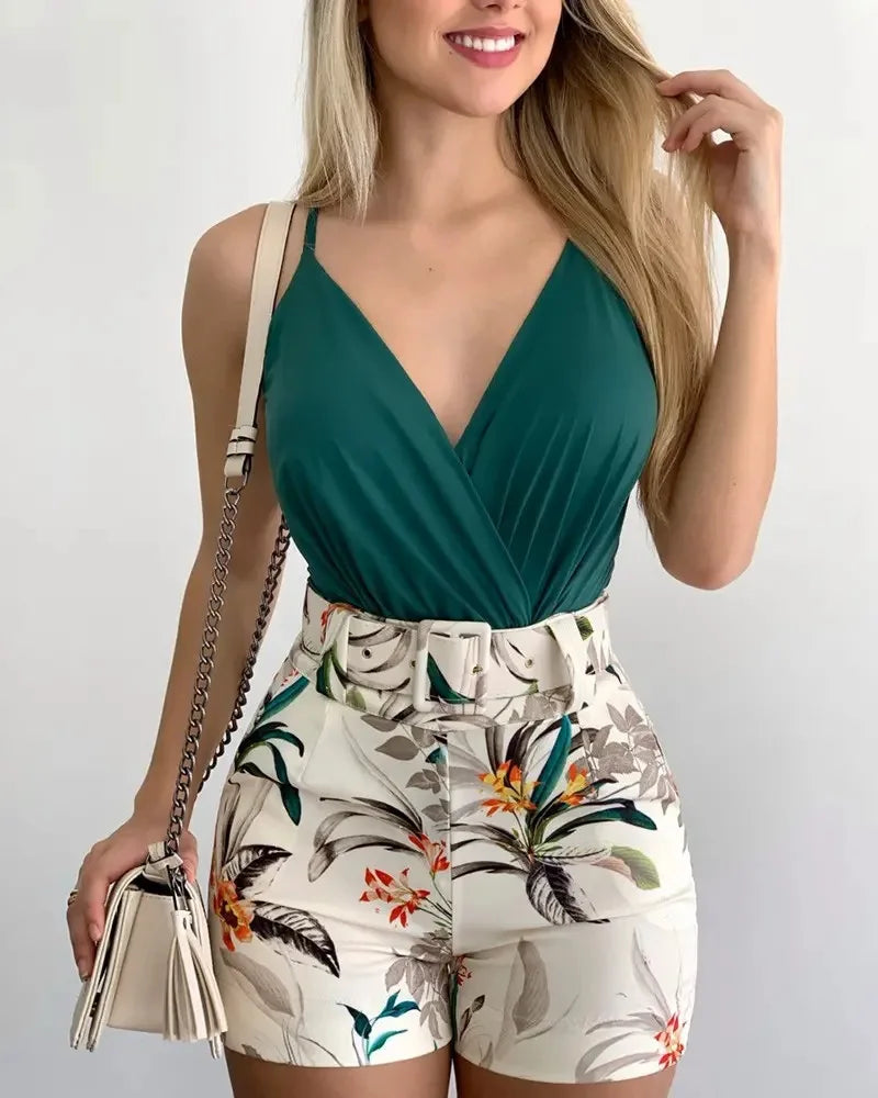 2026  Women'Camisole Vest+Shorts 2-Piece Sets 2025 Summer Sexy Slim Female V-neck Plant Print Short Pants Suits With Belt S-XXL