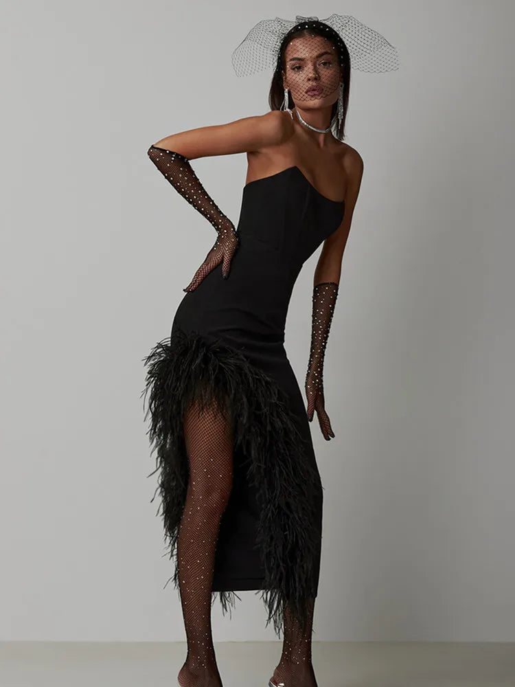New Women Sexy Strapless Black White Feather Midi Bandage Dress 2026 Split Knitted Elegant Evening Bodycon Party Dress