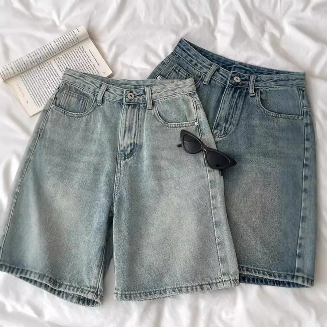 2026 Women Denim Shorts High Waist Vintage Washed Straight Wide Leg Denim Jeans Zipper Closure Knee Length Jeans Short Pants