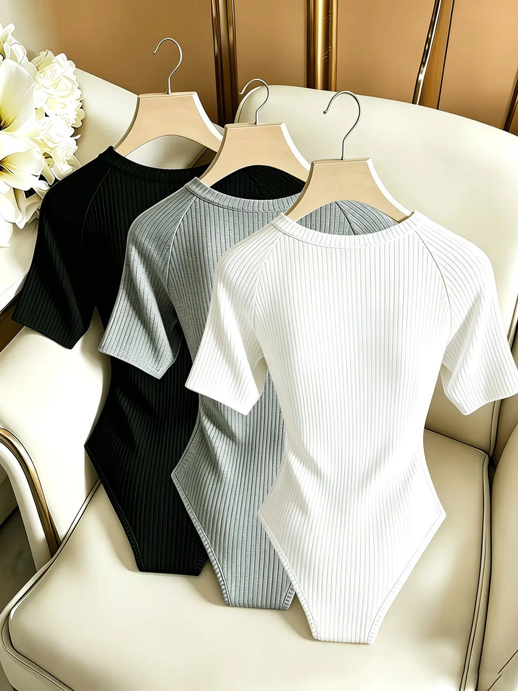 3pcs Women'S Round Neck Short Sleeve Jumpsuit, Basic Casual Style