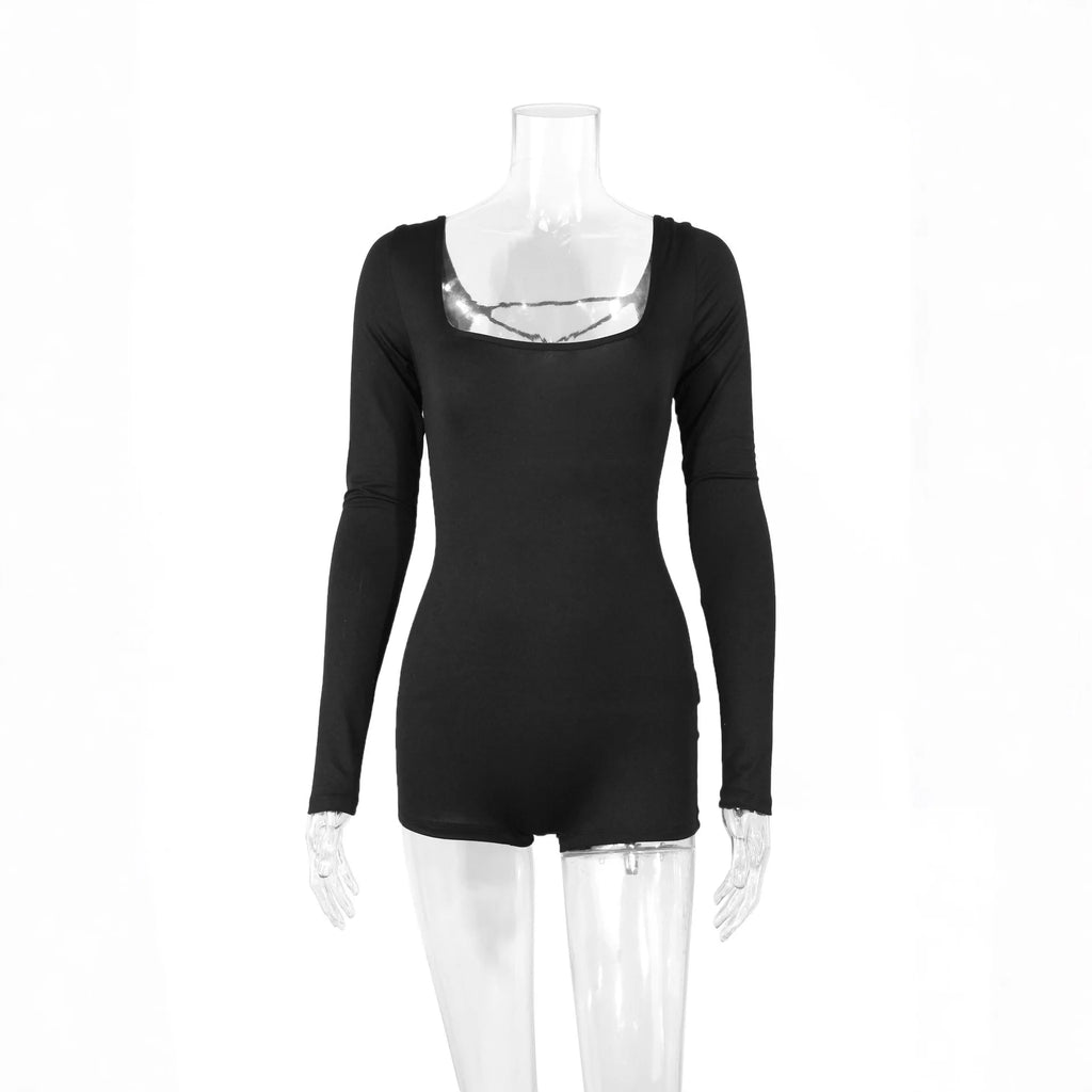 Solid White Long Sleeve Square Neck Bodysuit Women Slim Fit Short Jumpsuit Stretchy Basic Workout Clubwear Rompers