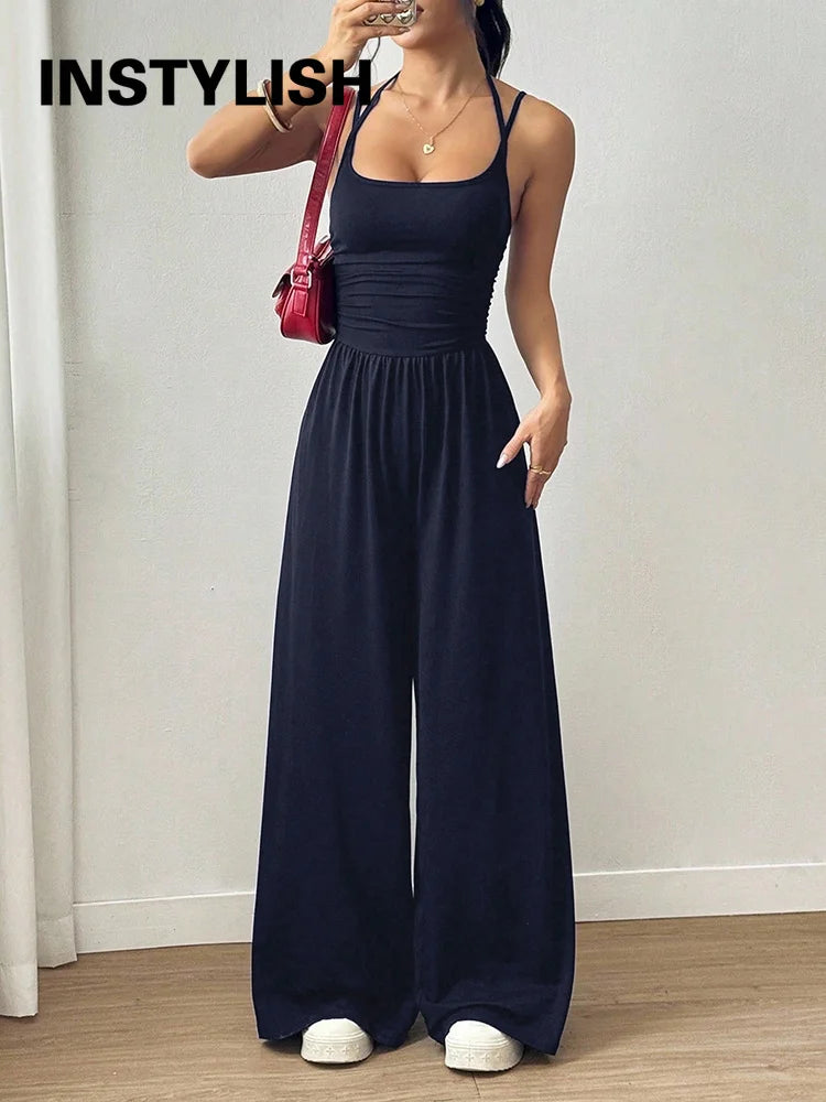 Women Halter Spaghetti Strap Jumpsuits Summer Casual Elastic High Waist Backless Wide Leg Long Pants Romper Club Party Overalls
