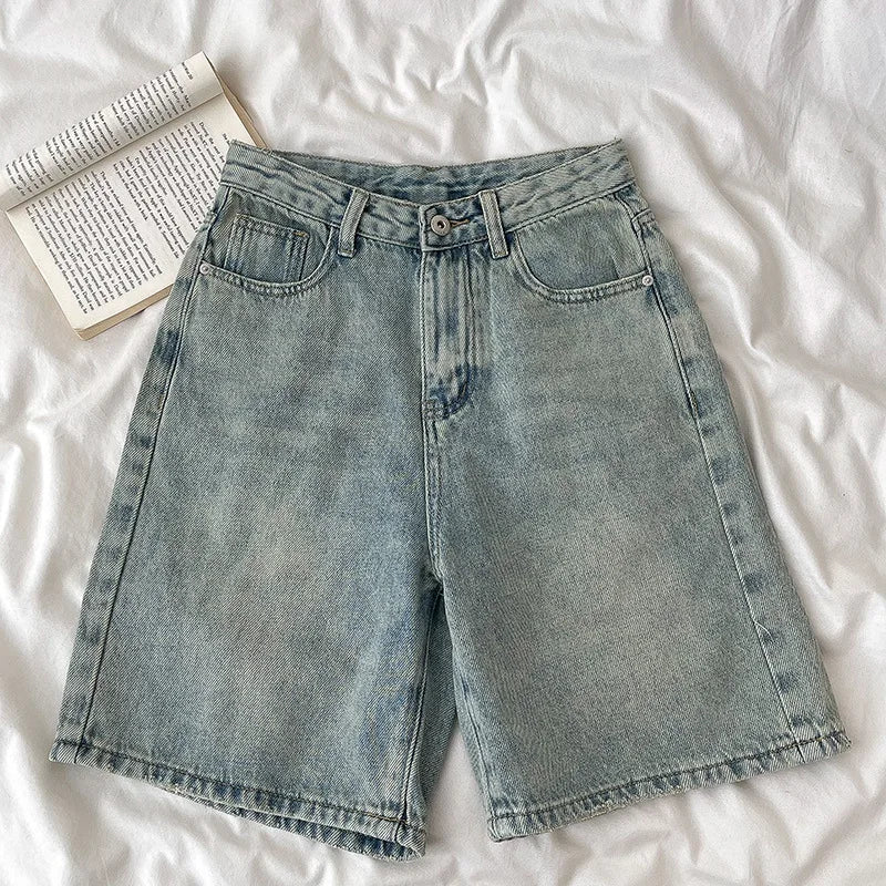 2026 Women Denim Shorts High Waist Vintage Washed Straight Wide Leg Denim Jeans Zipper Closure Knee Length Jeans Short Pants