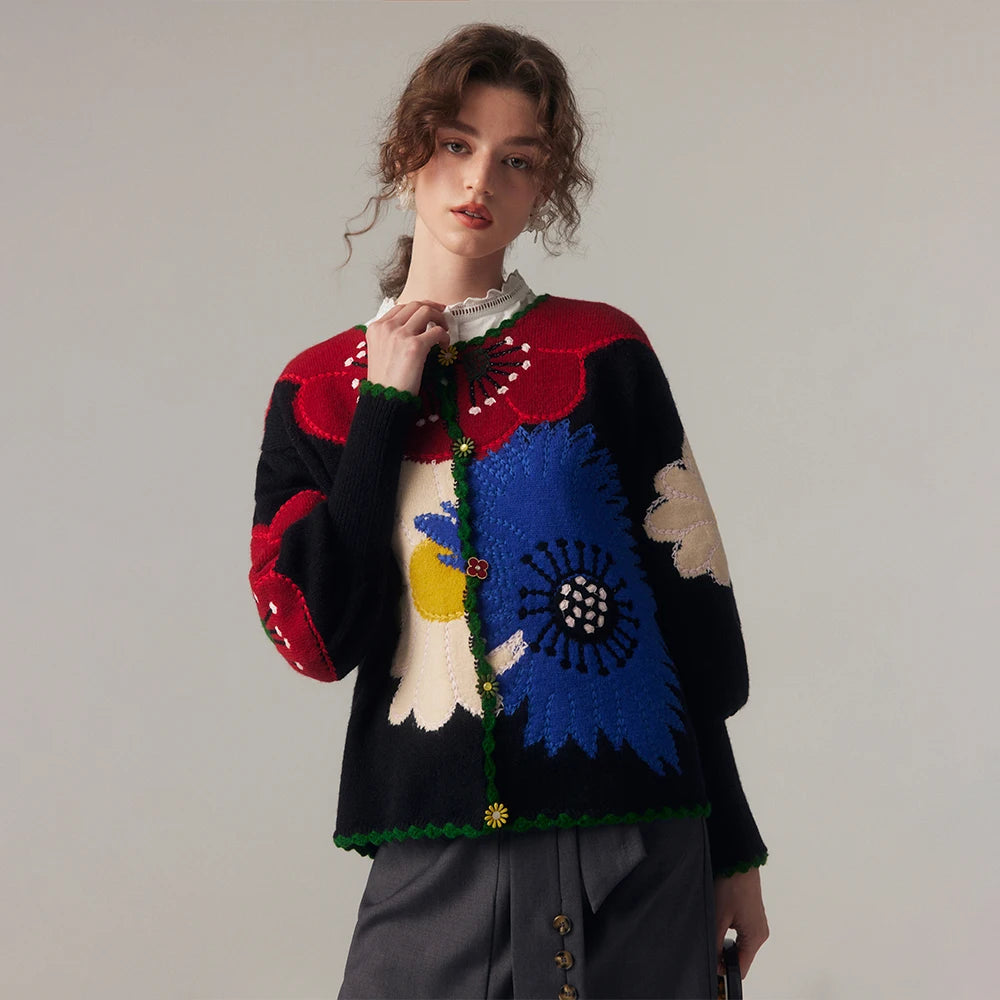 Vintage Flower Embroidery Knitted Top High Quality Women Fashion Cardigan Fashion Trends Autumn/Winter New in Chic Sweater Coat