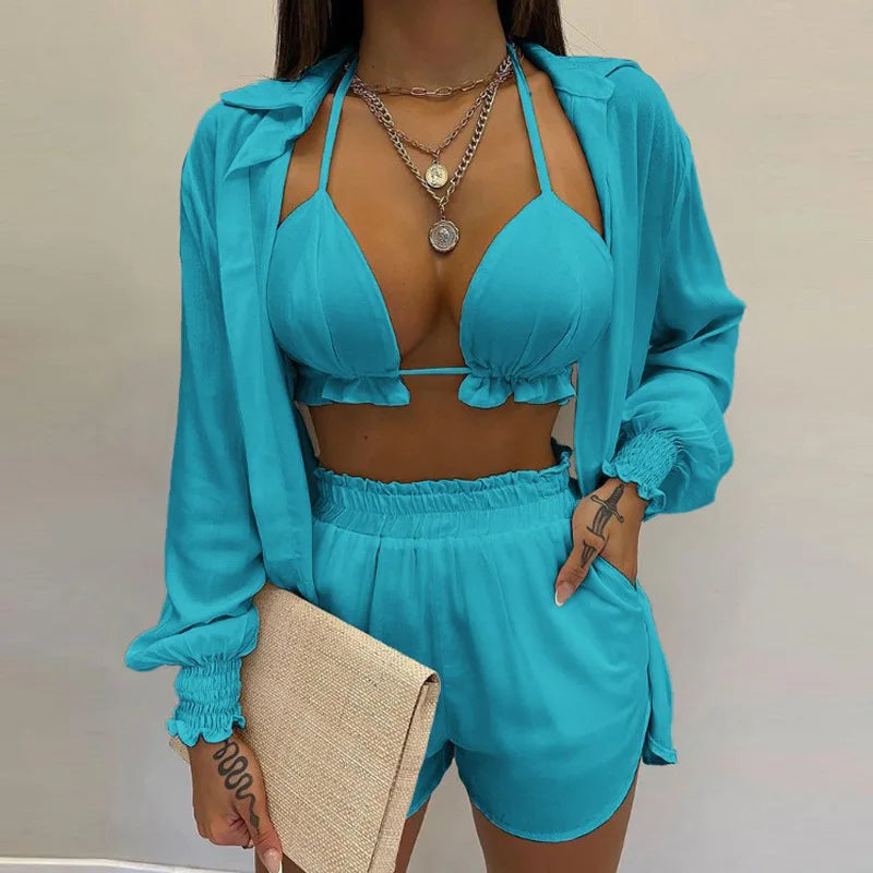 2026 New Bathing Suit Shorts Cover Up Summer Three Pieces Swimwear Sexy Beachwear High Waist Bikini Set Print Women's Swimsuit