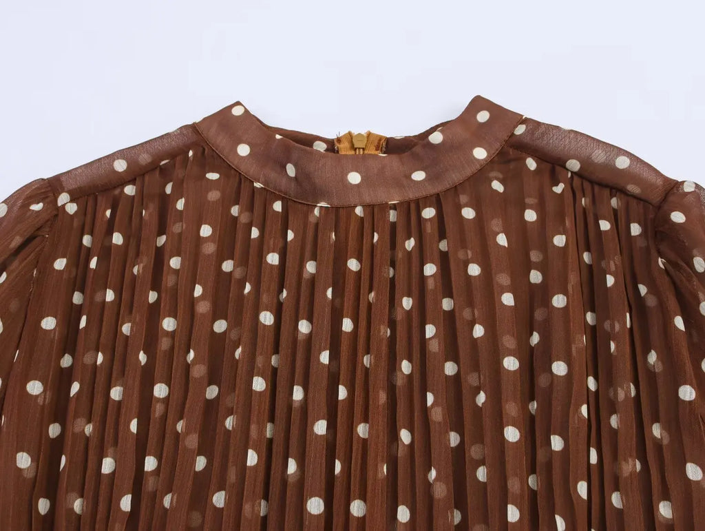 Vintage Brown Polka Dot Print Long Puff Sleeve Chiffon Dress Woman Pleated Front Slim High Waist Ankle Length Dress Robe