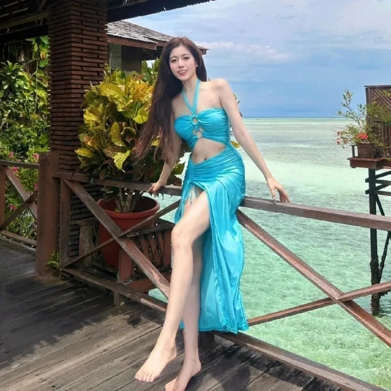 Women's 2 Piece Halter Cutout Swimsuit Ruched Drawstring Maxi Skirt Bathing Suit for Beach Vacation
