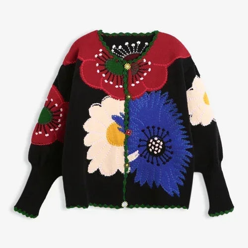 Vintage Flower Embroidery Knitted Top High Quality Women Fashion Cardigan Fashion Trends Autumn/Winter New in Chic Sweater Coat