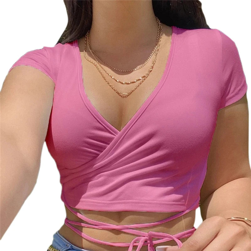 Summer Solid V Neck T Shirts Women Short Sleeve Short Tops Crop Tops Ladies Y2K Tops Tees Female Shirts White Pink