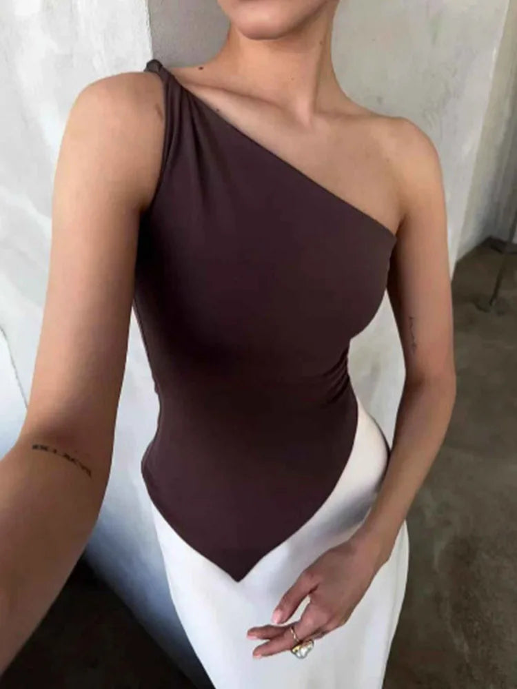2026 New Fashionable Casual Women's T-Shirt Solid Color Single Shoulder Asymmetrical Slim Fit Top One-Piece Neck
