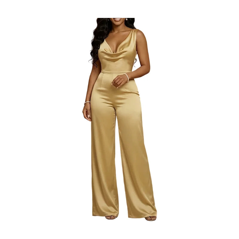 Women Sleeveless V Neck Cowl Wide Leg Jumpsuit For Formal Dinner Wedding Guest And Evening Party Occasion