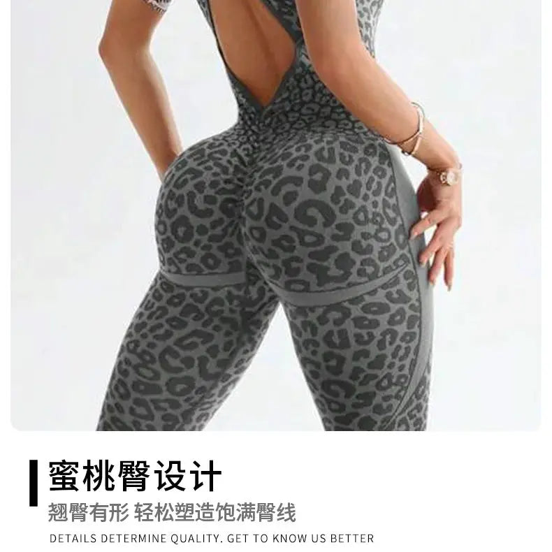 ZHEJIN Leopard Jumpsuit Women Flare Leg Yoga Romper Backless Criss Cross Workout Bodysuit Scrunch Butt Lift Gym Fitness Wear