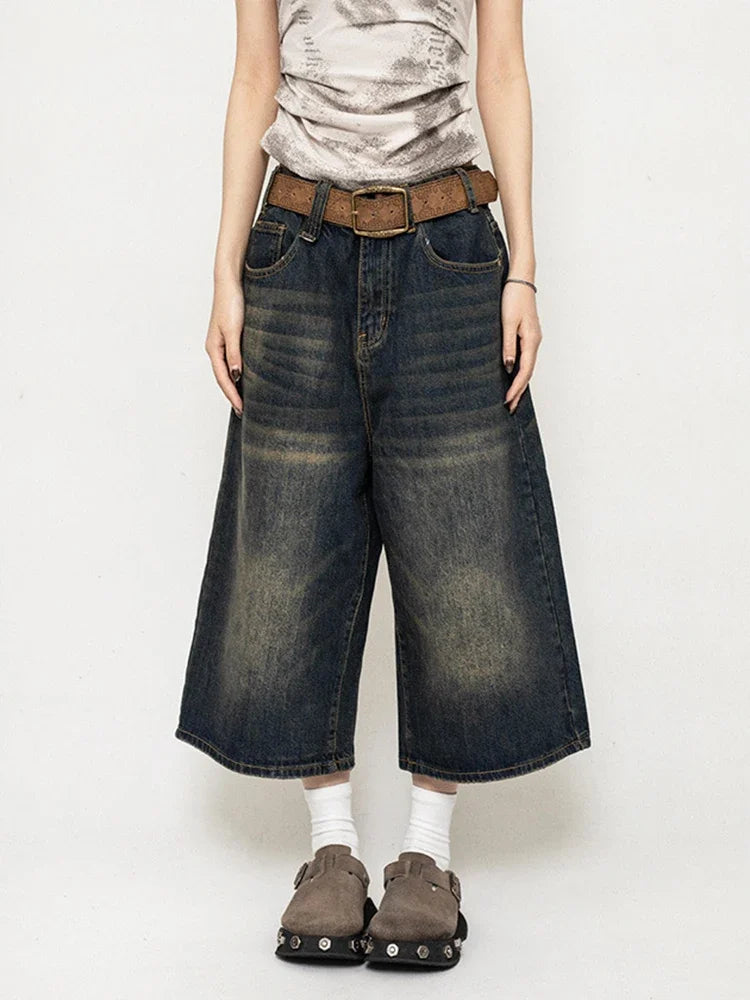 Black Baggy Denim Shorts Women Y2k Vintage Wide Leg Jorts Washed High Waist Streetwear Casual Fashion Loose Trousers