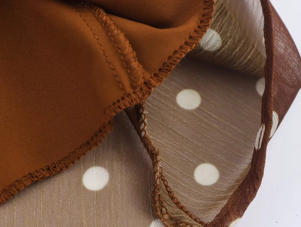 Vintage Brown Polka Dot Print Long Puff Sleeve Chiffon Dress Woman Pleated Front Slim High Waist Ankle Length Dress Robe