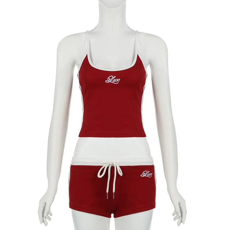 Y2K Women Summer Outfits Set Embroidery Letters Contrast Color Sexy Slim Backless Camisole Tops+Drawstring Elastic Waist Shorts