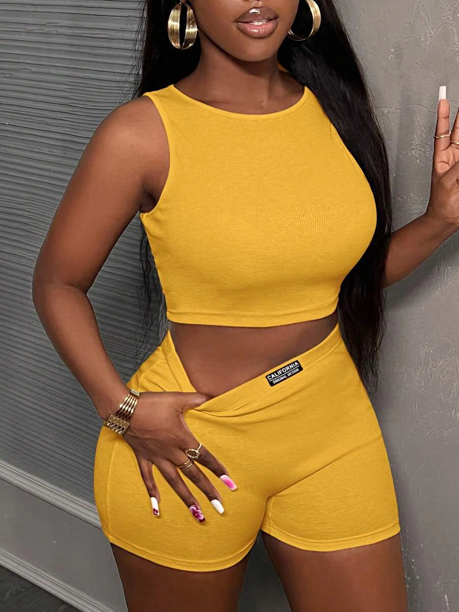 Trendy  Turmeric Ribbed Two-Piece Set Women's Crop Top and Shorts Sporty Casual Set Streetwear Nightclub Outfit