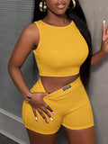 Trendy  Turmeric Ribbed Two-Piece Set Women's Crop Top and Shorts Sporty Casual Set Streetwear Nightclub Outfit