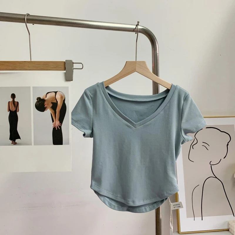 Summer Solid V Neck T Shirts Women Short Sleeve Short Tops Crop Tops Ladies Y2K Tops Tees Female Shirts White Pink