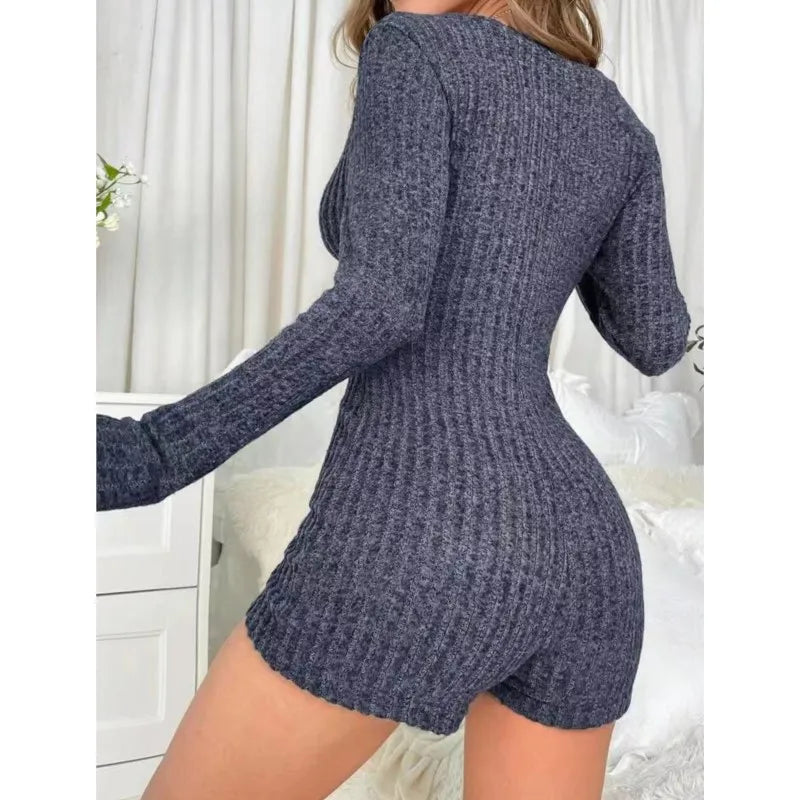 Women's Knitted Playsuit Autumn Fashion Solid Color Button Decoration Design Slim Fit Jumpsuit Ladies Sexy V-neck Chic Romper