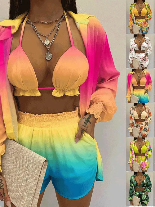 2026 New Bathing Suit Shorts Cover Up Summer Three Pieces Swimwear Sexy Beachwear High Waist Bikini Set Print Women's Swimsuit