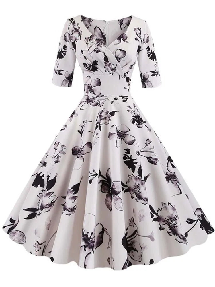 Women Summer Dress Casual Half Sleeve Elegant Vintage Office Party Floral Print Midi Sundress vestidos