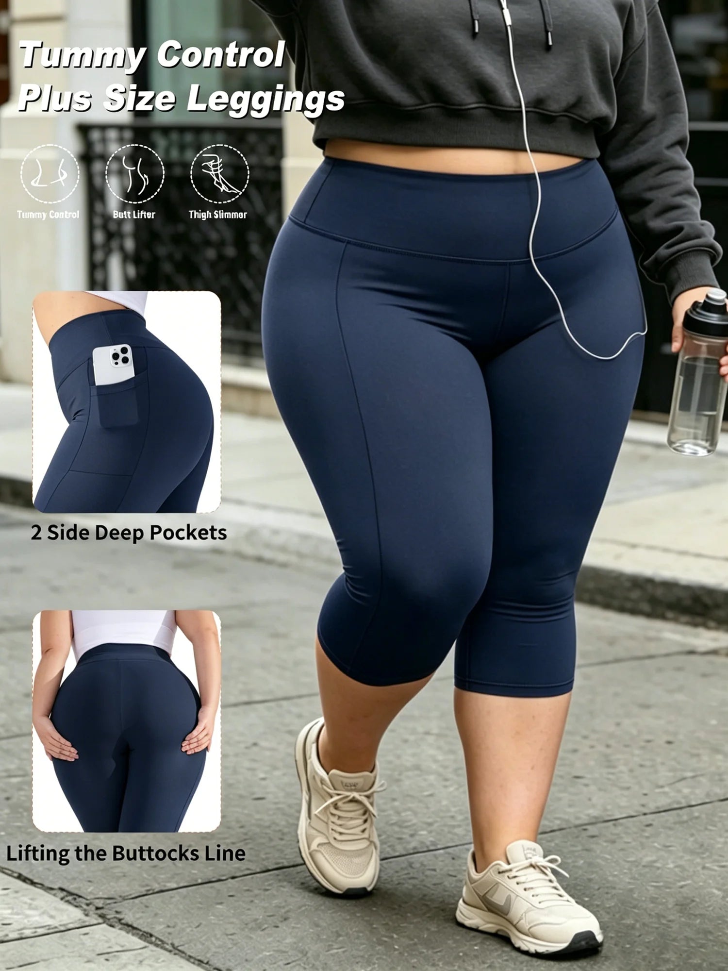 Capri Plus Size Leggings for Women with Pockets-Stretchy  Tummy Control High Waist Workout Black Yoga Pants