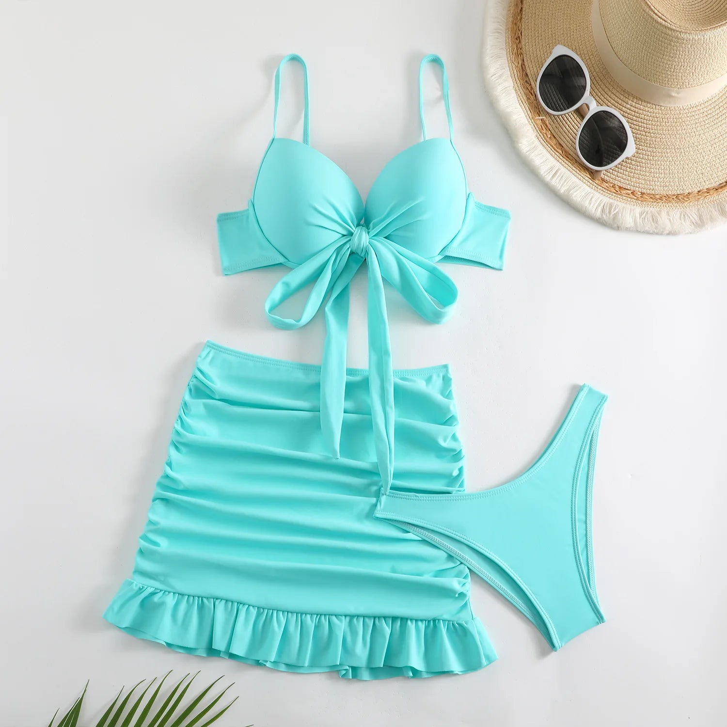 Cikini-Solid Bikini Set, Knot Front Push Up Bra, High Cut Bottom, Ruched Beach Skirt, 3 Piece Bathing Suit