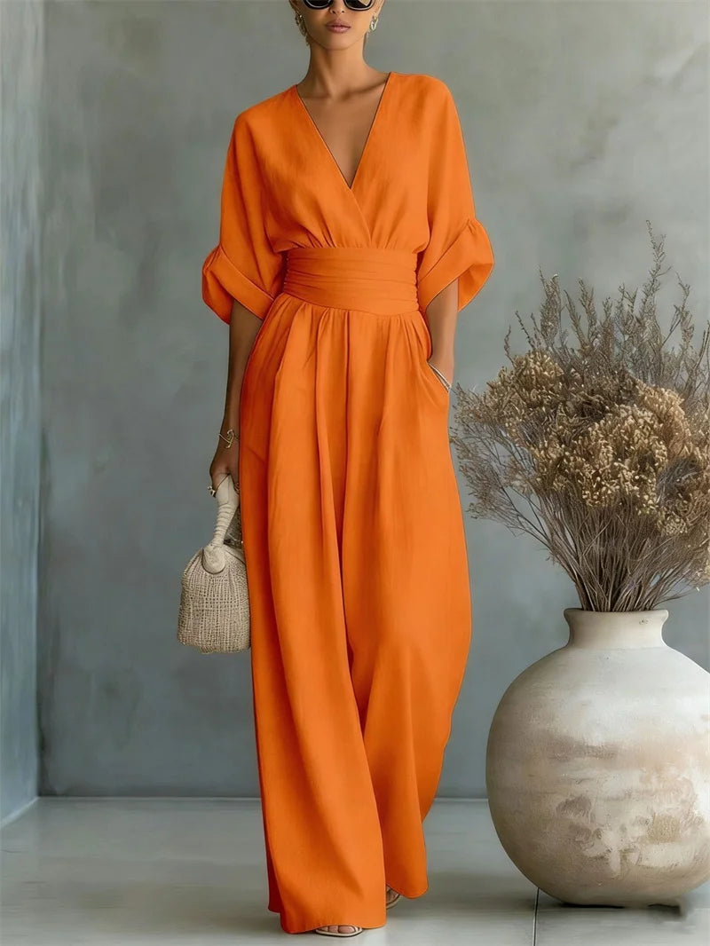 2026 Spring Summer Women Elegant V-neck Jumpsuit Casual Short Sleeve Ruched High Waist Wide Leg Pants Loose Office Lady Romper