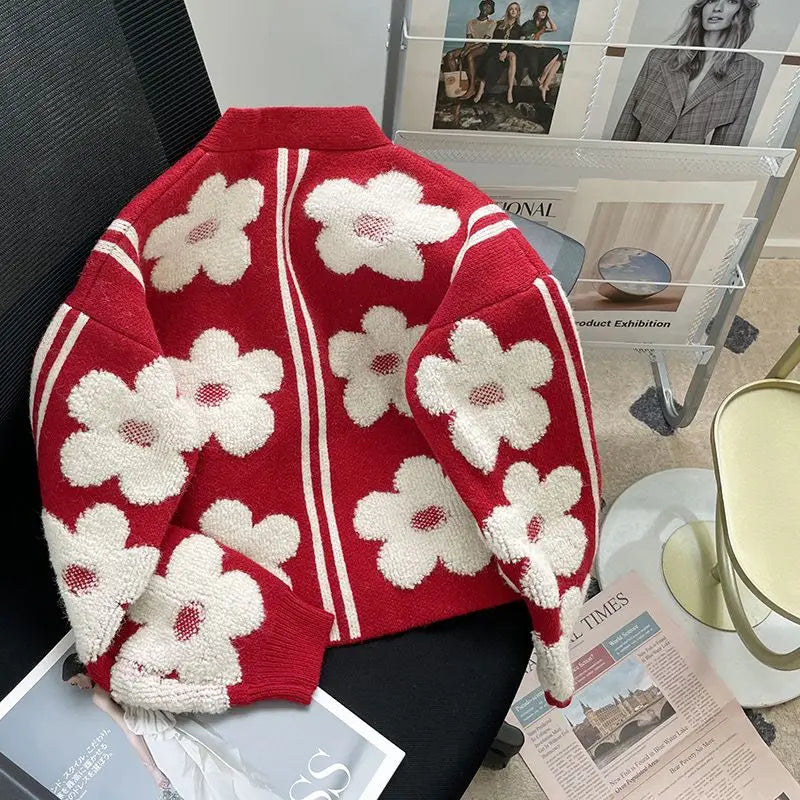 Flocked flower New  red knitted cardigan women's design  new high-end chic v-neck sweater coat  sweater mujer