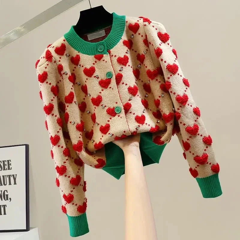Heart Plaid Viscose Wool Thick O-Neck Vintage Knitted Women's Cardigans Sweater Fashion Single Breasted Short Cardigan For Women