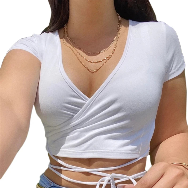 Summer Solid V Neck T Shirts Women Short Sleeve Short Tops Crop Tops Ladies Y2K Tops Tees Female Shirts White Pink