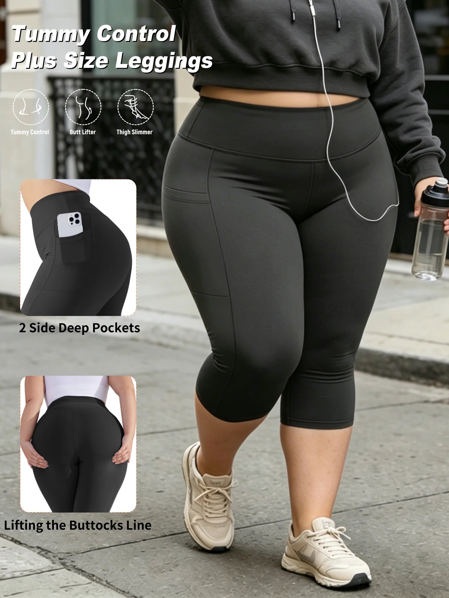 Capri Plus Size Leggings for Women with Pockets-Stretchy  Tummy Control High Waist Workout Black Yoga Pants