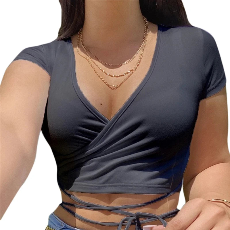 Summer Solid V Neck T Shirts Women Short Sleeve Short Tops Crop Tops Ladies Y2K Tops Tees Female Shirts White Pink